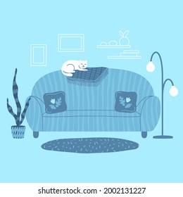 Cat is sleeping on a cozy couch. Front view of living room furniture: sofa, plant, lamp, carpet and wall decorations.