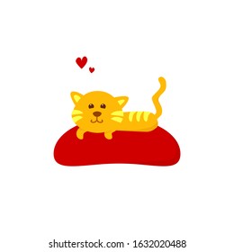 Cat sleeping on the cusion. Valentine's day concept. Stock vector illustration.