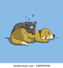 Gato durmiendo en un perro. 