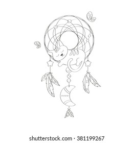 Cat sleeping on dreamcatcher. Isolated vector design elements on a white background. Hand drawn. Coloring book for adults and children. Boho style.  Vector illustration. 