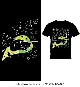 Cat sleeping on a leaf and dream butterfly flying on It.Cat Retro Funny T-Shirt, Kitten Cats Gift Xmas Men’s T-shirt Top Tee, Cat Mom Tshirt for Her, Cat T Shirt for Her, Christmas Gift.