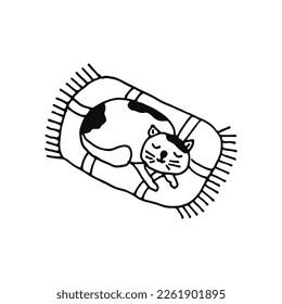 The cat is sleeping on the mat. Sweet, beloved pet. Doodle. Hand drawn. Vector illustration. Outline.