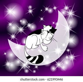 Cat is sleeping on the moon in the background of the starry sky
