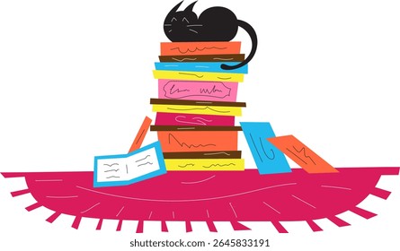 A Cat Sleeping On A Pile Of Books Hand Drawn Vector Illustration