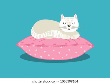 Cat sleeping on pillow. Cute vector illustration.