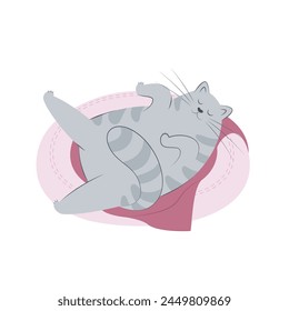 Cat sleeping on a pillow. Cute grey striped domestic cat. Cat behavior, body language and face expressions. Flat vector illustration of a pet