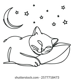 Cat sleeping on pillow linear background. Hand drawn beautiful kitty. Vector illustration.