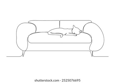 Cat sleeping on sofa continuous one-line art drawing. Couch outline vector illustration.