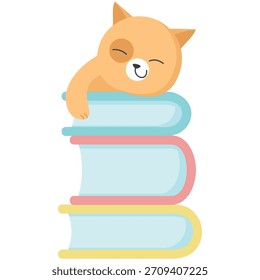 Gato durmiendo en la historieta apilada del icono del Vector del libro