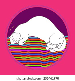Cat sleeping on a striped rug on a dark pink  circle. Hand drawn.