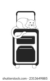 Cat sleeping on suitcase bw vector spot illustration. Kitten lying on luggage top 2D cartoon flat line monochromatic object for web UI design. Summer vacation editable isolated outline hero image