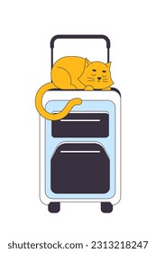 Cat sleeping on suitcase flat line vector spot illustration. Kitten lying on luggage top 2D cartoon outline object on white for web UI design. Summer vacation editable isolated colorful hero image