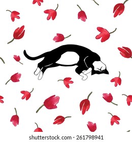 Cat sleeping on tulips. Vector illustration. 