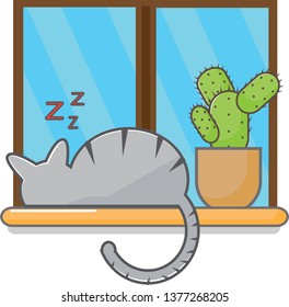 The cat sleeping on the window