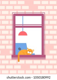 Cat sleeping on window sill at open window on facade with bricks, lamp and notebook in room, neighbours window design with fluffy sleeping kitten