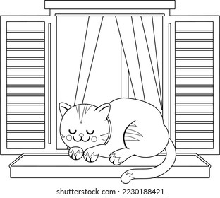 Gato durmiendo en una ventana. Página de coloreado vectorial en blanco y negro.