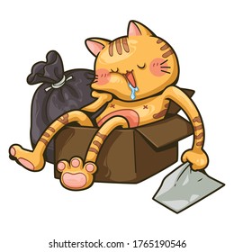 A cat sleeping in a paper box with garbage bag isolated on white background, Vector illustration, 
This Design for used to decorate publications, banners, animation, Infographic, and more. 
