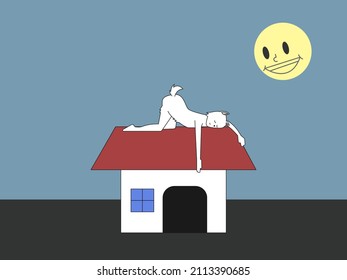 cat sleeping in roof top cartoon illustration flat design