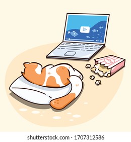 Cat Sleeping watching laptop character design white pastel color so cute happy.Draw doodle style.
