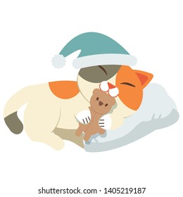 The cat sleeping and wear a hat and hugging a brown teddy bear doll in flat vector style .hope it have a sweet dream