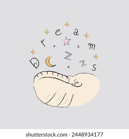 The Cat is sleeping.Vector illustration.Dreams.Pastel colors.Hand drawn.