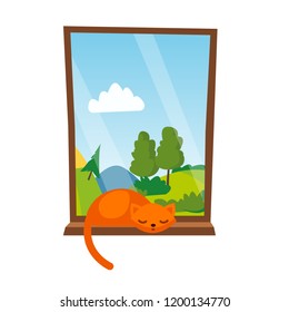 Cat Sleepping On The Window Vector. Isolated Illustration
