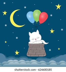 The cat sleeps in a basket tied to balloons