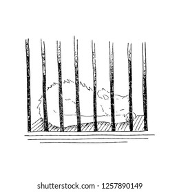 The cat sleeps in a cage behind bars, hand drawn black white sketch, isolated on white background, Vector