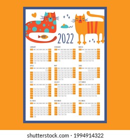 CAT SLEEPS CALENDAR 2022 Year Printable Template Business Organizer Schedule Page For A Day For Effective Planning Flat Style Design Clip Art Vector illustration