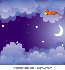The cat sleeps in the clouds   holds the moon its tail  Good   amazing night   Fairytale  hand  drawn character  A series about cat predicting the weather  Delicate   airy clouds 
