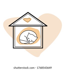 The cat sleeps in the house. Background heart. The concept of helping homeless animals. Logo. Vector illustration.