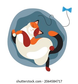 el gato duerme en la espalda. felino visto feliz en casa. el estilo de vida de una mascota. dibujo plano al estilo de las caricaturas. ilustración vectorial de stock. EPS 10.