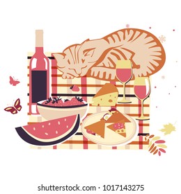 The cat sleeps on a checkered tablecloth or blanket during a picnic. On the tablecloth wine, watermelon, strawberry, sandwiches. Vintage colors.
