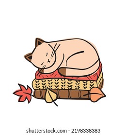 The cat sleeps on clothes. Autumn cozy vector illustration. Icon for the design.