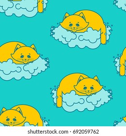 cat sleeps on cloud pattern. Soft fluffy pet and cloud seamless background
