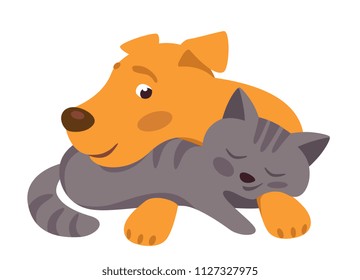 cat sleeps on dog. animal friendship cartoon vector illustration flat style.