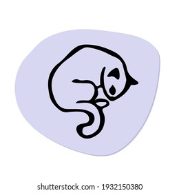 Cat sleeps on lilac mat. Vector illustration character with cat sleeping. Hand drawn black-and-white sketch isolated on white backgroung. Pet cartoon character. Animal curled up in ball