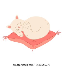 Cat sleeps on the pillow. Cute hand draw Sleeping cat. Pet. Coziness and comfort. Hand draw Vector illustration.