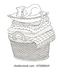 The cat sleeps on a pillow, linen, basket. Vector illustration.