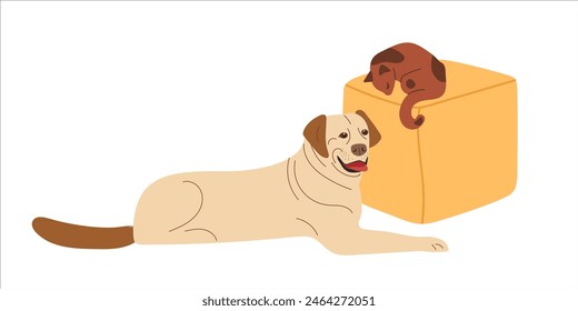 Cat sleeps on pouf and large thoroughbred dog lies nearby on floor. Pets are resting. Comfortable home animals. Vector illustration isolated on white background. Hand draw animal, cartoon character