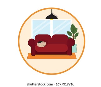 
The cat sleeps on a sofa in a cozy apartment with a window and a flower (ficus). vector icon.