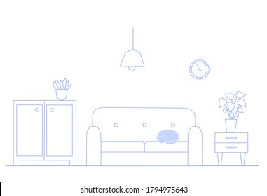 A cat sleeps on the sofa in a room with a closet, lamp, and plant. The concept of a cozy apartment with an animal. Flat vector isolated illustration.