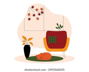 A cat sleeps on a warm carpet indoors in fall season, vector illustration.