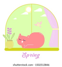 A cat sleeps on a window in spring vector illustration