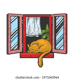 Cat sleeps on windowsill in open window color sketch engraving vector illustration. T-shirt apparel print design. Scratch board imitation. Black and white hand drawn image.