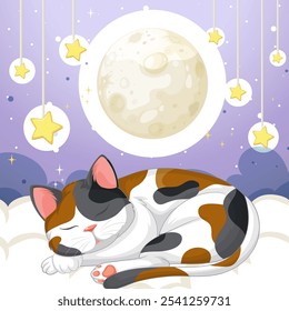 A cat sleeps peacefully beneath a glowing moon