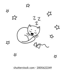 Cat sleeps sweetly among the stars. Black and white hand drawn illustration.