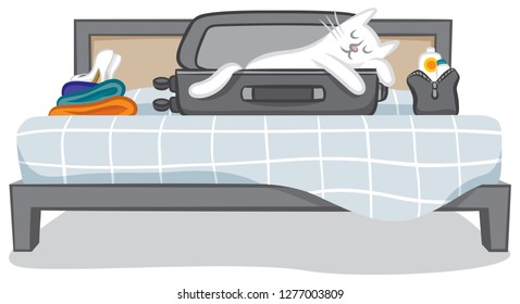 A cat sleeps in an unpacked suitcase on the bed.