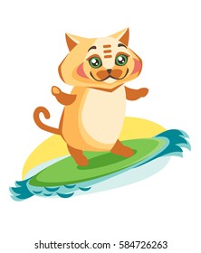 Cat is sliding on a surfboard. Illustration active recreation