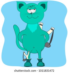 a cat with a slingshot cartoon vector illustration. kitten hooligan cartoon comic vector illustration. cat bully cartoon illustration.